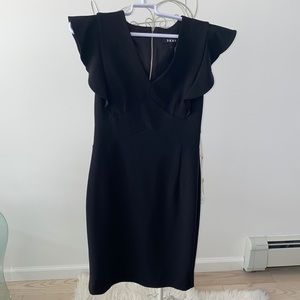 DKNY - BLACK Flutter Sleeve V-Neck MIDI Dress